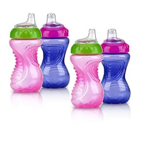 nuby 4 piece no spill easy grip trainer cup 10 oz, pink/purple