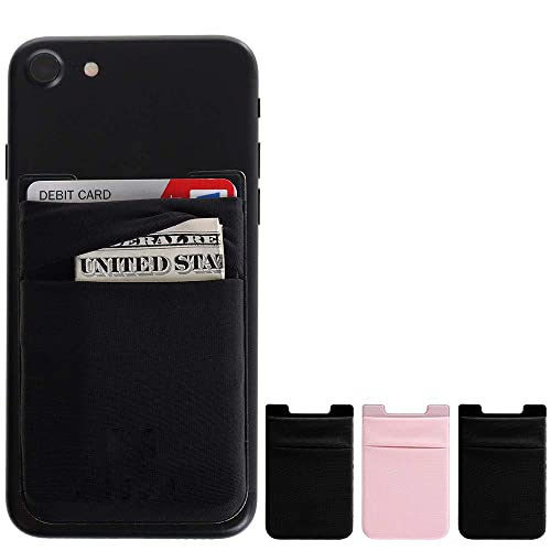 Cell Phone Stick on Wallet, Credit Card & Business Card & Id Holder (3 Packs) Compatible with iPhone, Android and Most Smartphones (Black + Pink)