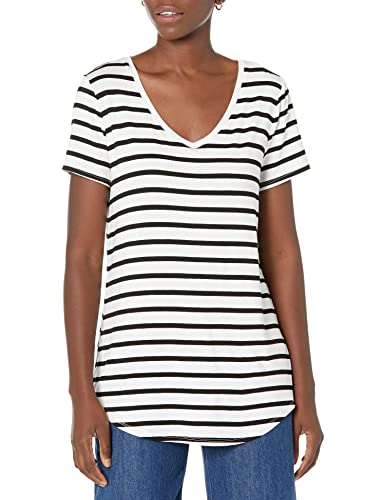 Amazon Essentials Women's Relaxed-Fit Short-Sleeve V-Neck Tunic (Available in Plus Size), White, French Stripe, X-Large