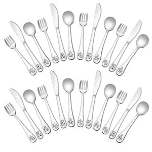 teamfar toddler utensils 24 piece, stainless steel kids utensils cutlery silverware set, includes 8 forks, 8 knives, 8 spoons, healthy, cute animal print & dishwasher safe