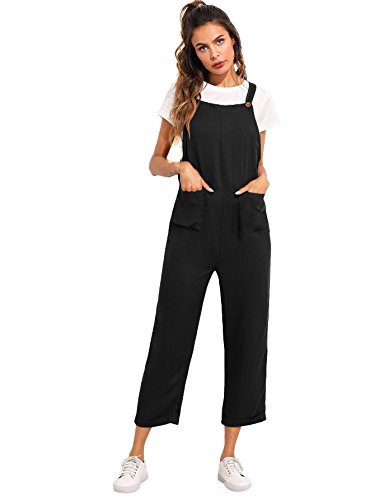 Verdusa Women's Adjustable Straps Jumpsuit Overalls with Pockets Black XL