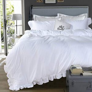 qsh white ruffle duvet cover queen 100% washed cotton farmhouse shabby boho chic bedding comforter quilt cover 3 pieces vintage aesthetic french country queen bed set extra soft breathable