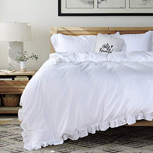 QSH White Ruffle Duvet Cover Queen 100% Washed Cotton Farmhouse Shabby Boho Chic Bedding Comforter Quilt Cover 3 Pieces Vintage Aesthetic French Country Queen Bed Set Extra Soft Breathable