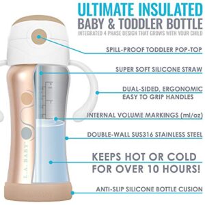 L.A. Baby Ultimate Stainless Steel Insulated Straw Sippy Cup | 9oz Toddler Water Bottle with Straw | Insulates 10+ Hours | Medical Grade Stainless Steel | Spill-Proof Design - Rose Gold