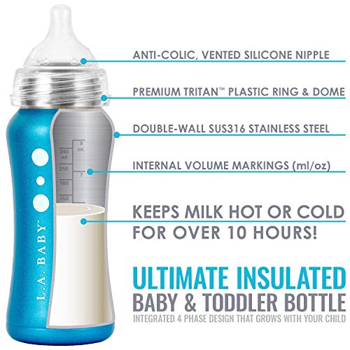 Ultimate Stainless Steel Baby Bottle 9oz Insulated Baby Bottle | Insulate Milk for 10+ Hours | Non-Toxic Food-Grade Stainless Steel & Food-Grade Silicone Slow Flow Nipple | Leak-Free Design - Blue