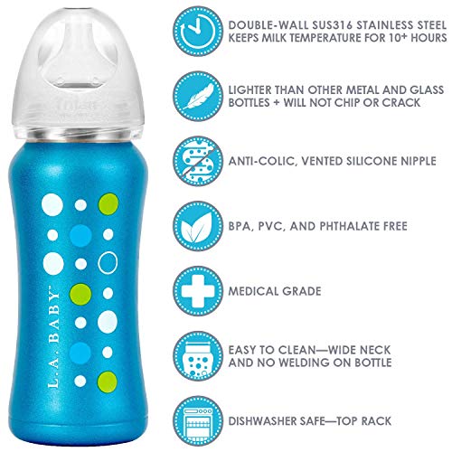 Ultimate Stainless Steel Baby Bottle 9oz Insulated Baby Bottle | Insulate Milk for 10+ Hours | Non-Toxic Food-Grade Stainless Steel & Food-Grade Silicone Slow Flow Nipple | Leak-Free Design - Blue