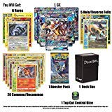 pokemon gx guaranteed with booster pack, 6 rare cards, 5 reverse holo cards, 20 regular pokemon cards, deck box and 1 top cut central exclusive dice.