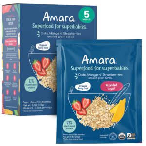 amara organic baby food - stage 3 - ancient grain - baby cereal to mix with breastmilk, water or baby formula - shelf stable baby food made from organic fruit & veggies - 5 pouches, 3.5oz per serving