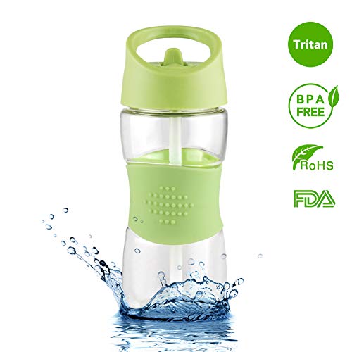 Sivphe Kids Water Bottle with Straw 12oz Leakproof Little School Small Tritan Plastic Drinking Bottle for Boys and Girls Indoor and Outdoor(Green)