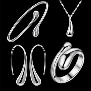 4PCS 925 Sterling Silver Jewelry Set for Women Teardrop Pendant Necklace Earrings Bracelet Ring Fit with Party Meeting Dating Wedding Daily Birthday Gift