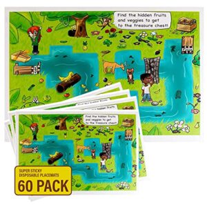 party bargains 60 super sticky disposable placemats - 12" x 18" (treasure chest design) baby placemat, bpa free & quick to clean, keeps a safe & germ-free surface
