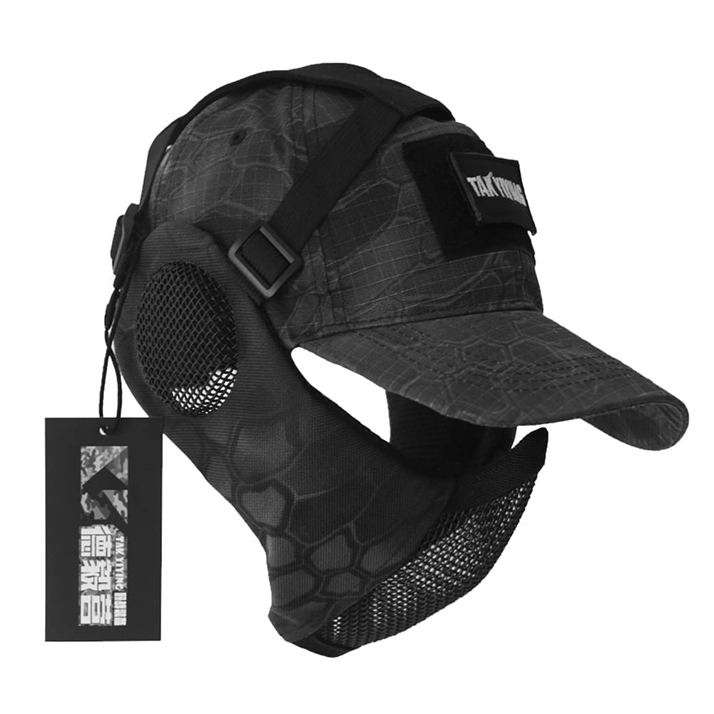 Tactical Foldable Mesh Mask with Ear Protection for Airsoft Paintball with Adjustable Baseball Cap (Camouflage)