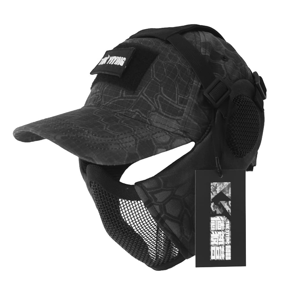 Tactical Foldable Mesh Mask with Ear Protection for Airsoft Paintball with Adjustable Baseball Cap (Camouflage)