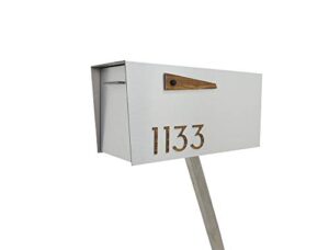 contemporary post mount mailbox/aluminum brush silver body and aluminum wood walnut numbers, custom mailbox, mailnest, postbox, type 4