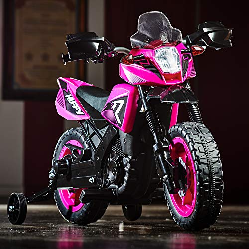 Huffy 6V Kids Electric Battery-Powered Ride-On Motorcycle Bike Toy w/Training Wheels, Engine Sounds, Charger - Pink, 17078P