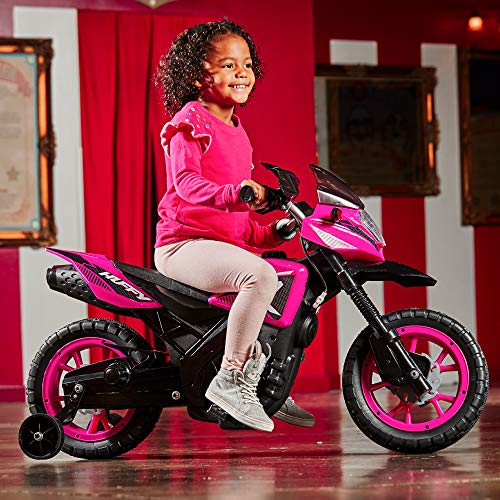 Huffy 6V Kids Electric Battery-Powered Ride-On Motorcycle Bike Toy w/Training Wheels, Engine Sounds, Charger - Pink, 17078P