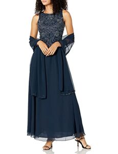 j kara women's sleeveless scallop long beaded dress w/scarf, navy/grey, 12