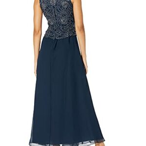 J Kara Women's Sleeveless Scallop Long Beaded Dress W/Scarf, Navy/Grey, 12