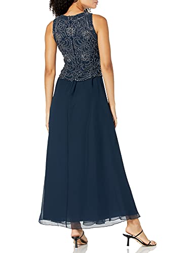 J Kara Women's Sleeveless Scallop Long Beaded Dress W/Scarf, Navy/Grey, 12