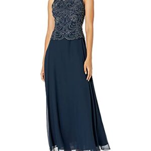 J Kara Women's Sleeveless Scallop Long Beaded Dress W/Scarf, Navy/Grey, 12