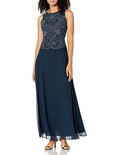 J Kara Women's Sleeveless Scallop Long Beaded Dress W/Scarf, Navy/Grey, 12