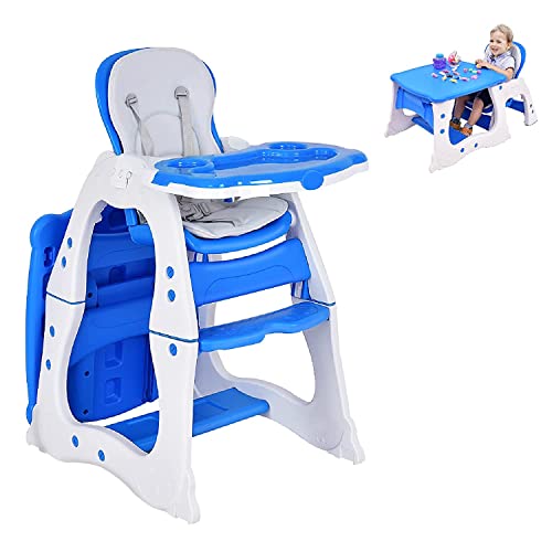 HONEY JOY 5 in 1 High Chair, Convertible Highchair for Babies and Toddlers/Table Chair Set/Booster Seat/Toddler Chair w/Safety Harness, Reclining Backrest, Double Food Tray (Blue)