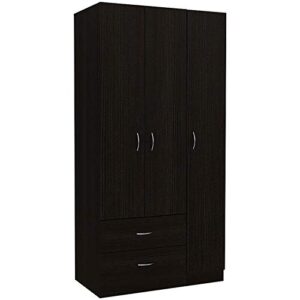 tuhome austral 3 door armoire with drawers, shelves, and hanging rod, black wenge