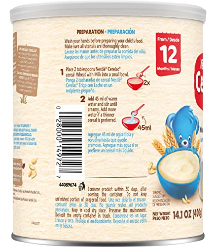 Nestle Cerelac Wheat Cereal with Milk, Made for Toddlers 12 Months, 14.1-Ounce Canister (Pack of 6)