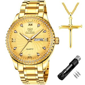 olevs gold watches for men diamond luxury wrist watch valentines gifts set waterproof stainless steel big face luminous classic casual dress day date calendar analog quartz watch for young male