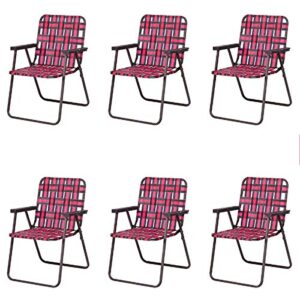 gymax folding chair, 6pcs patio lawn chair set with armrest, indoor/outdoor 6 pack webbed lightweight dinning chair, portable beach chair for outside, poolside, backyard (red)