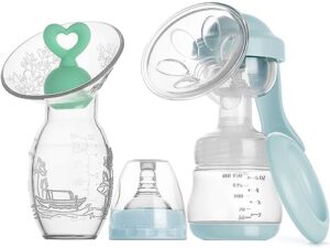 bumblebee manual breast pump collector for breastfeeding combo- silicone milk collector, hand pump breast pump 5oz/150ml with compatible nipple, cap, silicone stopper and storage bag