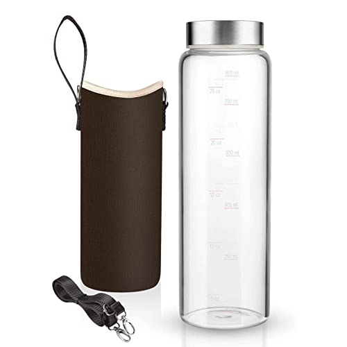 Sursip 32 oz Glass Water Bottle - Nylon Bottle Protection Sleeves, Stainless steel Lid, And 1L Time Marked Measurements, Reusable, Eco-Friendly, Safe for Hot Liquids Tea Coffee Daily