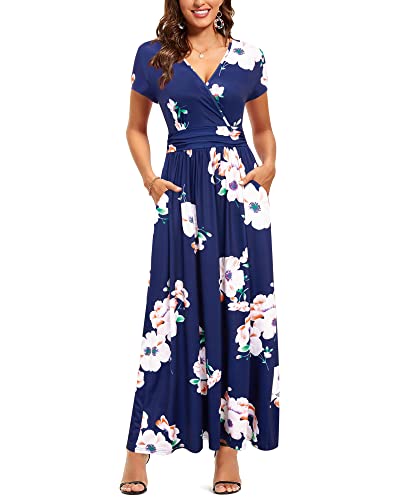 OUGES Women's V-Neck Pattern Pocket Maxi Long Maternity Dress(Floral-12,XL)