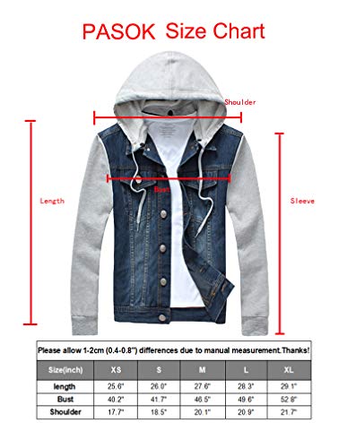 PASOK Men's Denim Hoodie Jacket Casual Slim Fit Button Down Jeans Coat Blue L