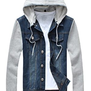 PASOK Men's Denim Hoodie Jacket Casual Slim Fit Button Down Jeans Coat Blue L