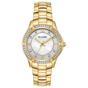 bulova ladies' crystal gold tone stainless steel 3-hand quartz watch, white mother-of-pearl dial style: 98l256
