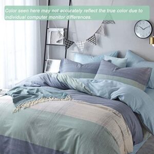 VM VOUGEMARKET Blue Patchwork Duvet Cover Set Queen Multi-Dimensional Design Modern Bedding Set Plaid Mint Green with Stripes Soft Cotton Comforter Cover with Zipper Closure-No Filling