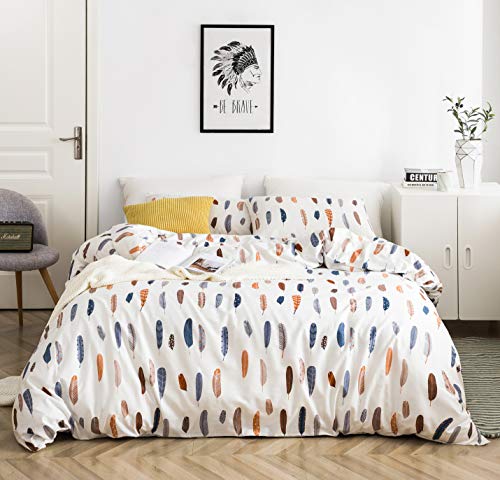 YuHeGuoJi Feather Patterned Duvet Cover King 100% Cotton White Bohemian Duvet Cover 3 Pcs Set 1 Brown Bird Plume Duvet Cover with Zipper Ties 2 Pillowcases Vintage Bohemian Animal Print Bedding Soft