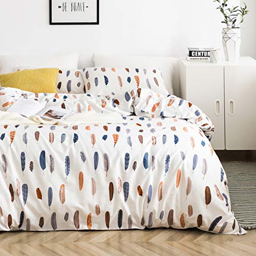 YuHeGuoJi Feather Patterned Duvet Cover King 100% Cotton White Bohemian Duvet Cover 3 Pcs Set 1 Brown Bird Plume Duvet Cover with Zipper Ties 2 Pillowcases Vintage Bohemian Animal Print Bedding Soft