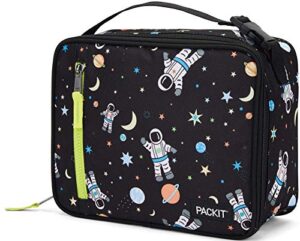 packit freezable classic lunch box, spaceman, built with ecofreeze technology, collapsible, reusable, zip closure with zip front pocket and buckle handle, perfect for healthy lunches