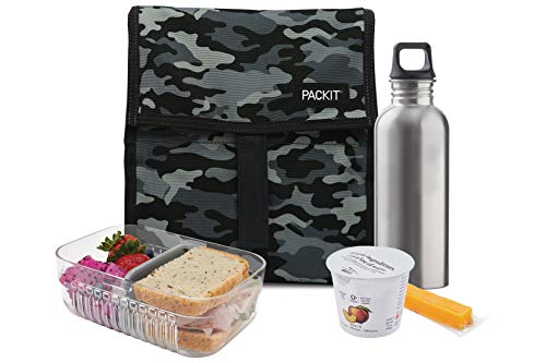 PackIt® Freezable Lunch Bag, Charcoal Camo, Built with EcoFreeze® Technology, Foldable, Reusable, Zip and Velcro Closure with Buckle Handle, Perfect for Fresh Lunch On the Go