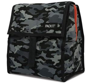 packit® freezable lunch bag, charcoal camo, built with ecofreeze® technology, foldable, reusable, zip and velcro closure with buckle handle, perfect for fresh lunch on the go