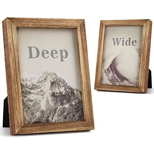 Emfogo 5x7 Picture Frame, Pack of 2 Rustic Picture Frames 5x7 with Real Glass, Solid Wood 5x7 Photo Frame for Table Top Display or Wall Mounted (Carbonized Brown)