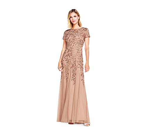 Adrianna Papell Women's Floral Beaded Godet Gown, Rose Gold, 16