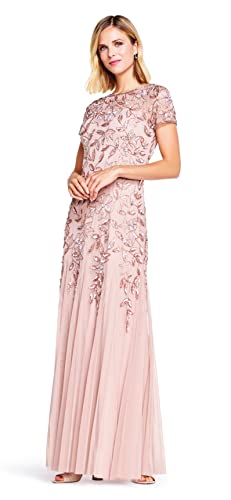 Adrianna Papell Women's Floral Beaded Godet Gown, Rose Gold, 16