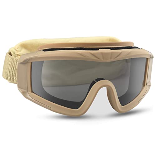 Xaegistac Airsoft Goggles, Tactical Safety Goggles Anti Fog Military Eyewear with 3 Interchangable Lens for Paintball Riding Shooting Hunting Cycling (Khaki)