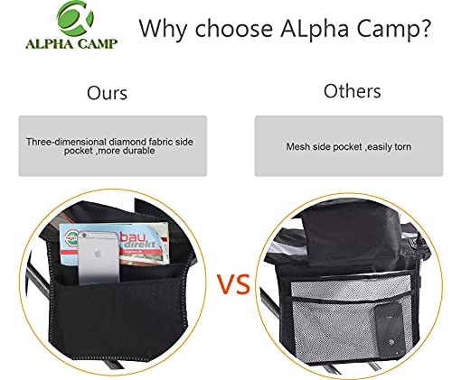 ALPHA CAMP Oversized Camping Folding Chair, Heavy Duty Support 450 LBS Steel Frame Collapsible Padded Arm Chair with Cup Holder Quad Lumbar Back, Portable for Outdoor,Black