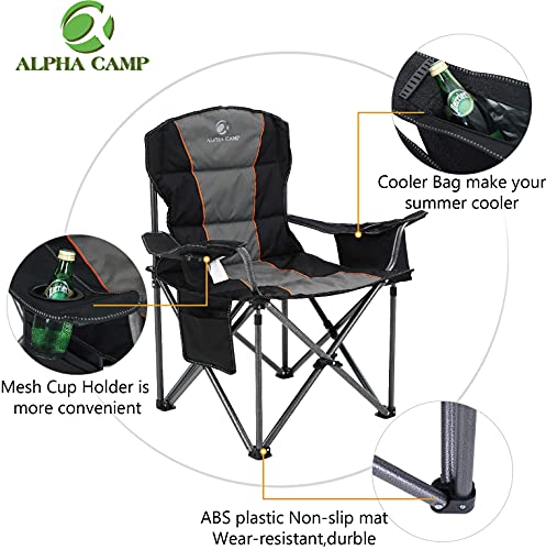 ALPHA CAMP Oversized Camping Folding Chair, Heavy Duty Support 450 LBS Steel Frame Collapsible Padded Arm Chair with Cup Holder Quad Lumbar Back, Portable for Outdoor,Black