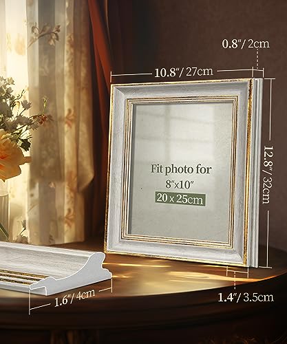 Afuly 8x10 Picture Frames Vintage Photo Frame Antique Retro White Gold Edge Display Gallery Wall Hanging or Tabletop Display for Home Decor Birthday Gifts for Father Mom Grandma Family