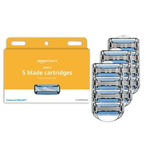 amazon basics 5-blade razor refills for men with dual lubrication and precision beard trimmer, 12 cartridges (fits amazon basics razor handles only) (previously solimo)